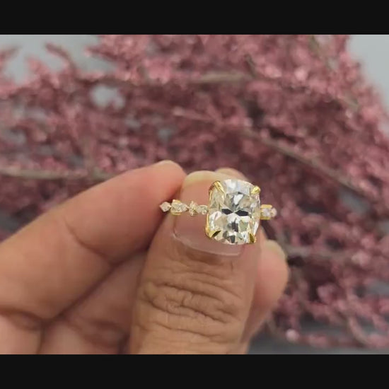 Elongated Cushion Cut Moissanite Tulip basket set with side marquise pave on band Engagement Ring, Proposal ring, ring gift for her